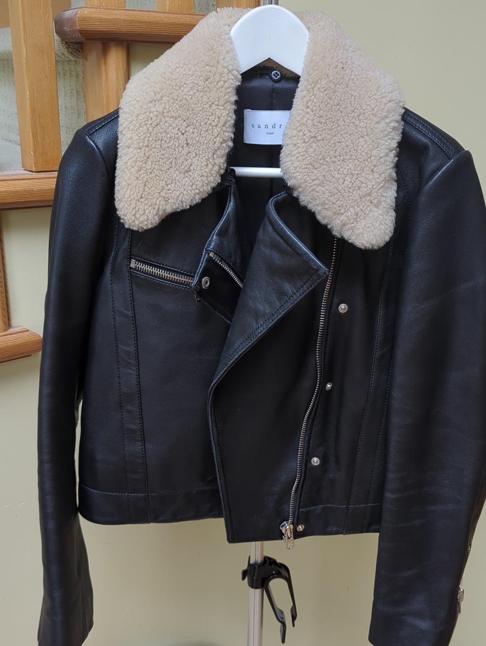 Sandro Black Leather Biker Jacket with Cream Shearling Collar